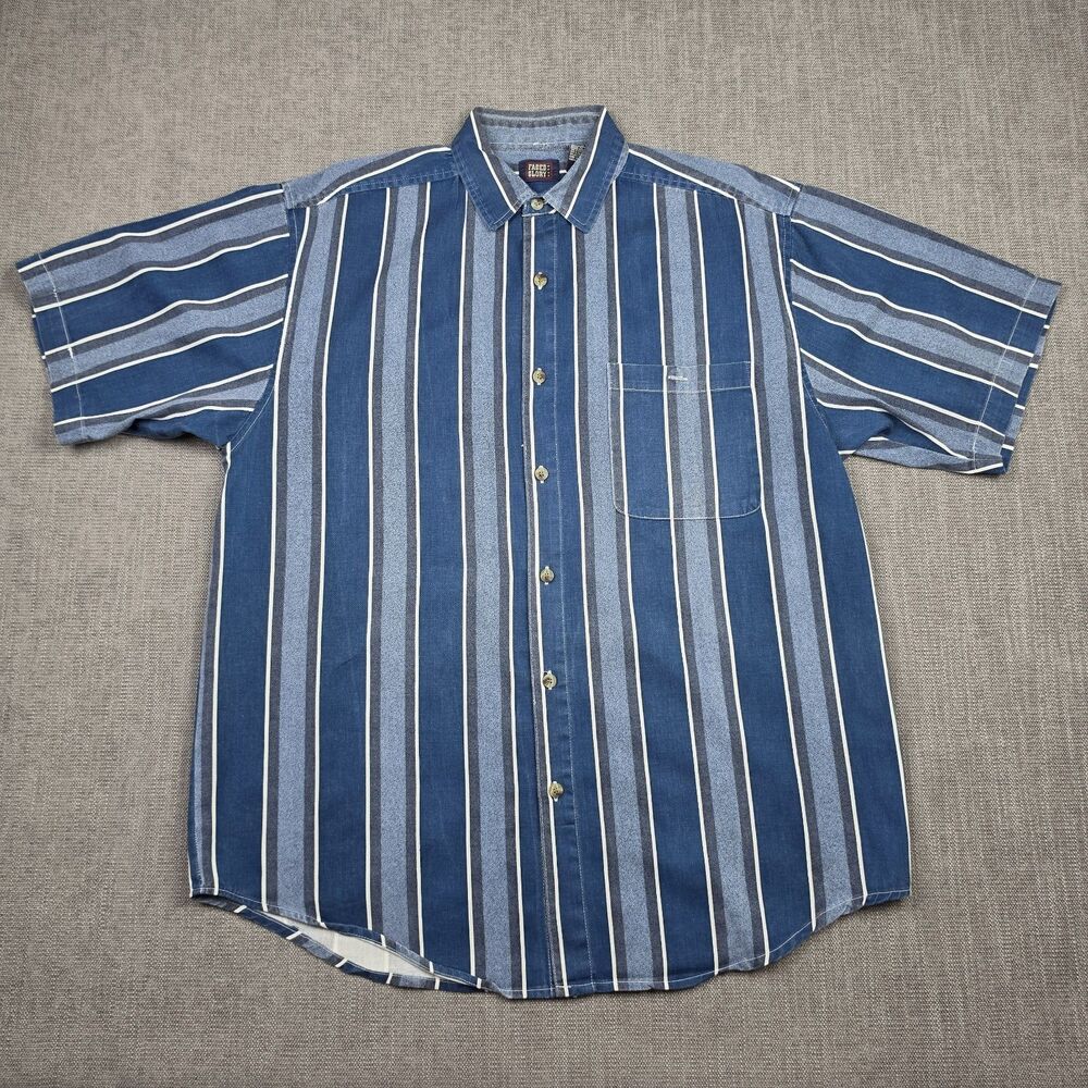 Vintage Faded Glory Mens Large Shirt Blue Vertical Stripe Short Sleeve Retro Y2K